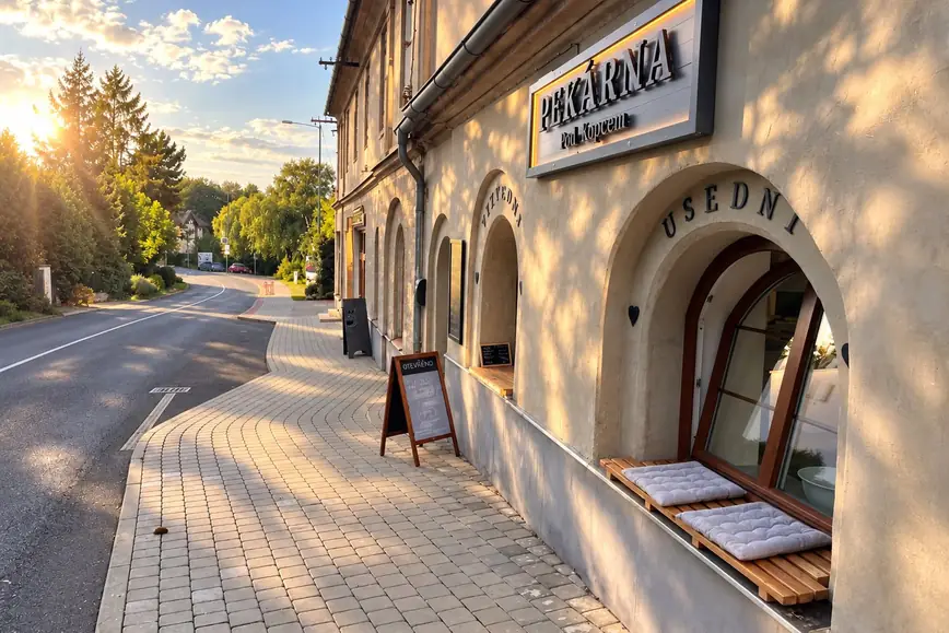 Pekárna Pod Kopcem z ulice, otevřené okénko za podvečerního slunce